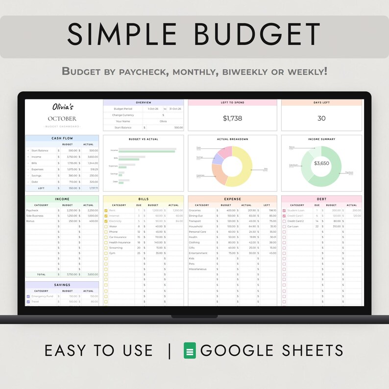 May include: A digital budget spreadsheet displayed on a laptop screen titled Simple Budget. The interface includes sections for cash flow, income, bills, expenses, and debt with charts, tables, and data fields for October. It is designed for Google Sheets.