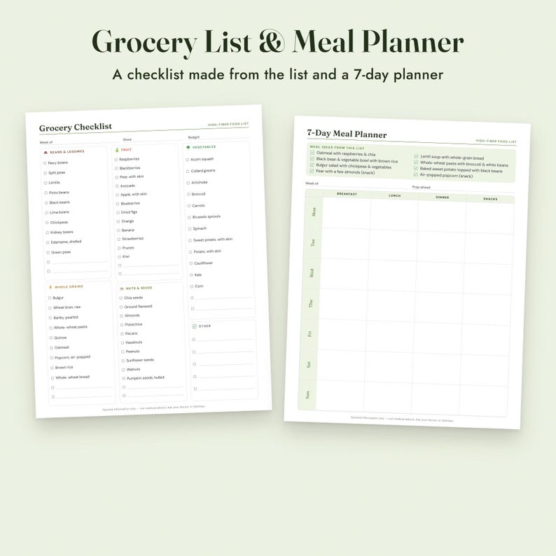 High Fiber Food List Printable With Grams, Grocery List, Fiber Tracker, Letter A4 image 7