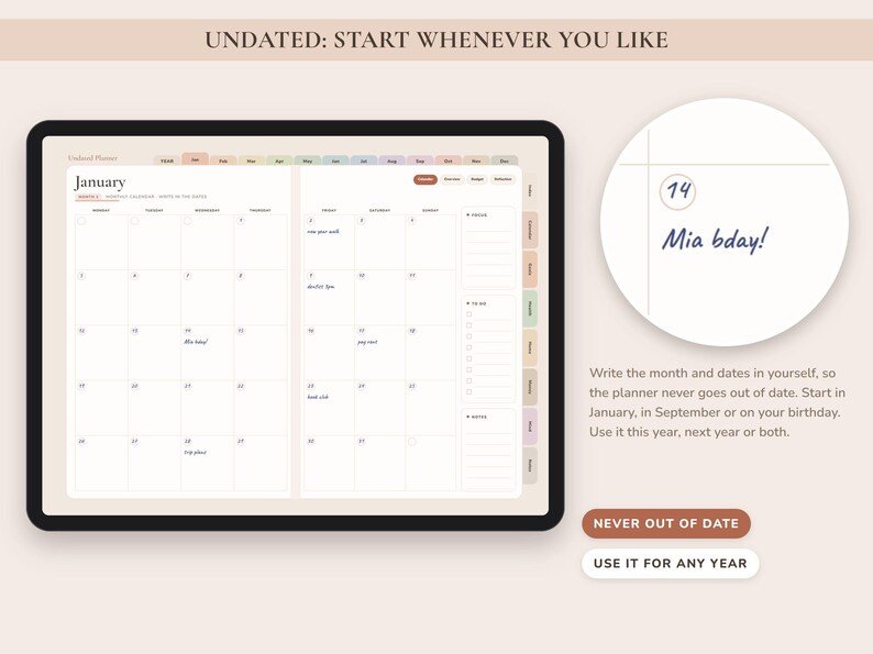Undated Digital Planner, Hyperlinked Daily Weekly Monthly Pages, Boho Landscape Journal with Habit Tracker image 4