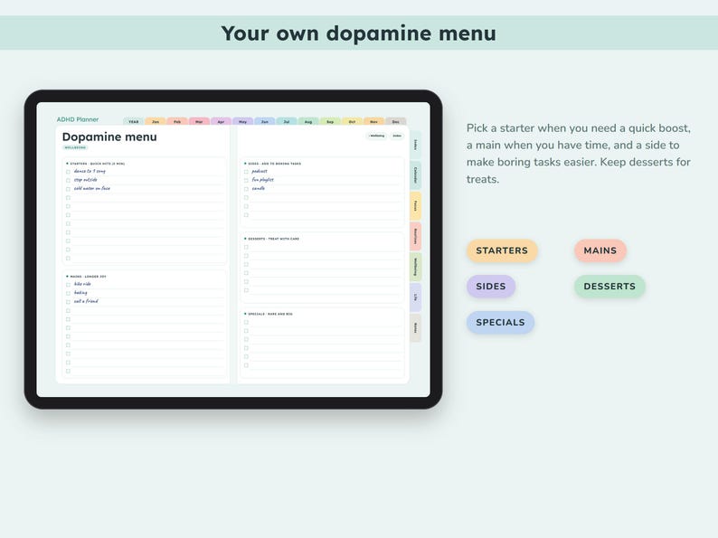 May include: A digital ADHD planner displayed on a tablet screen featuring a Dopamine menu template with sections for starters, mains, sides, desserts, and specials. The interface includes colorful tabs and text instructions for organizing tasks.