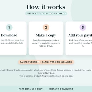 May include: An instructional graphic titled How it works, Instant Digital Download. Three white boxes with numbers 1, 2, and 3 explain the process: Download, Make a copy, and Add your paydays. Includes text: Sample version + blank version included.