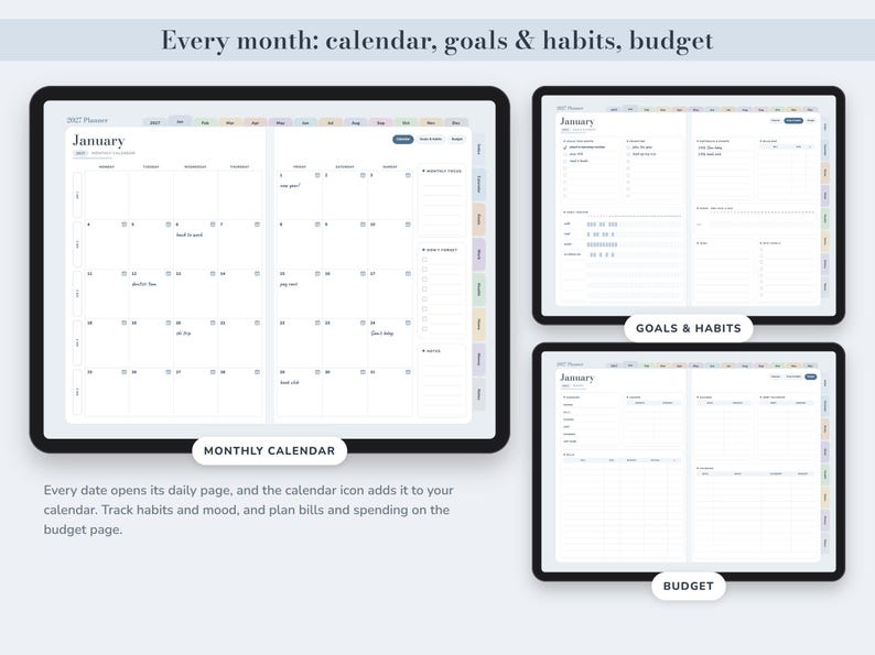Digital Planner 2027 and Undated, Hyperlinked Daily Weekly Monthly Pages, Dusty Blue Landscape Journal image 5