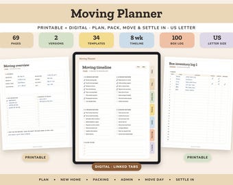 May include: A digital and printable moving planner featuring 69 pages, 34 templates, an 8-week timeline, and a 100-box log. The set includes a moving overview, a digital moving timeline with linked tabs, and a box inventory log in US letter size.