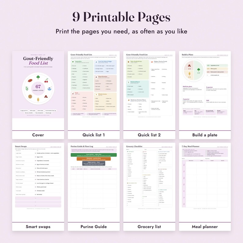 Gout Food List Printable, Low Purine Diet Chart, Grocery List, Flare Log, Letter A4 image 3