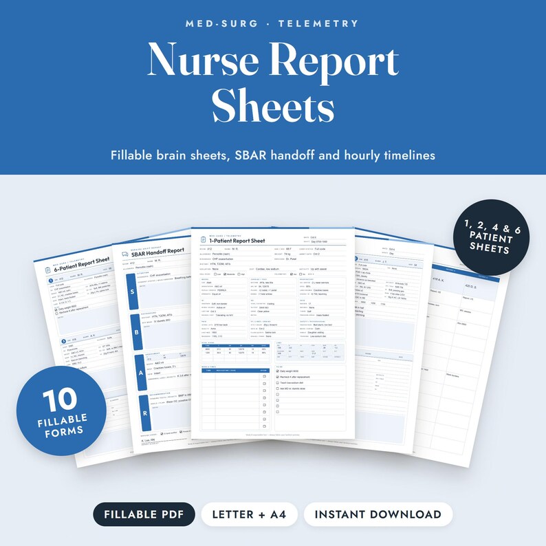 Nurse Report Sheet Med Surg, Fillable Nursing Brain Sheet, SBAR Handoff, Telemetry Template imagen 1