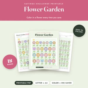 Plantilla imprimible para reto de ahorro: Rastreador de colores para jardín de flores, de 500 a 10000, tamaño carta A4 imagen 1