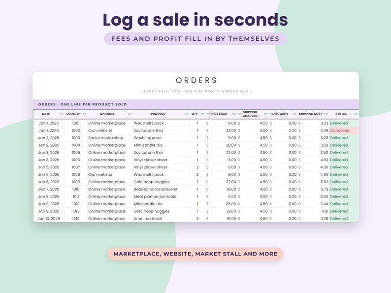Peut inclure: Un mod&egrave;le de feuille de calcul num&eacute;rique intitul&eacute; ORDERS pour le suivi des ventes, avec des colonnes pour la date, le num&eacute;ro de commande, le canal, le produit, la quantit&eacute;, le prix, l'exp&eacute;dition, la remise et le statut. Le texte indique Log a sale in seconds, Fees and profit fill in by themselves, et Marketplace, website, market stall and more.