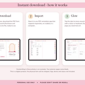 May include: A digital planner instruction graphic with three steps: 1 Download, 2 Import, and 3 Glow. Each step features a tablet screen displaying planner pages with tabs, text, and an arch graphic. The text explains the process for using the PDF file.