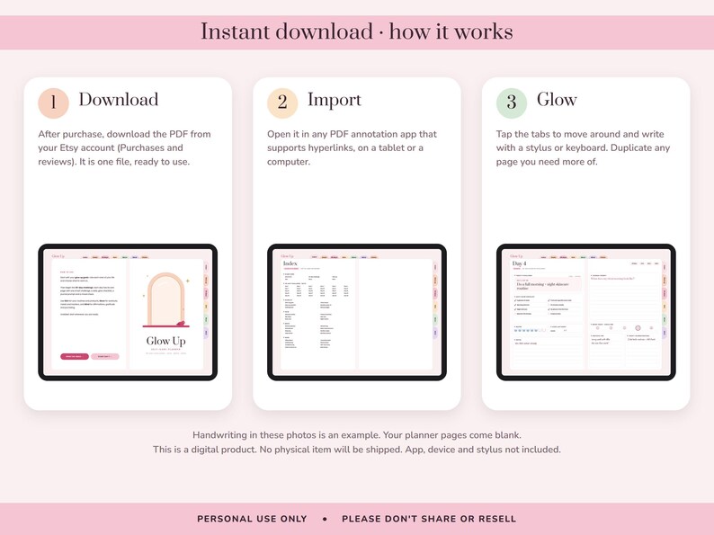 May include: A digital planner instruction graphic with three steps: 1 Download, 2 Import, and 3 Glow. Each step features a tablet screen displaying planner pages with tabs, text, and an arch graphic. The text explains the process for using the PDF file.