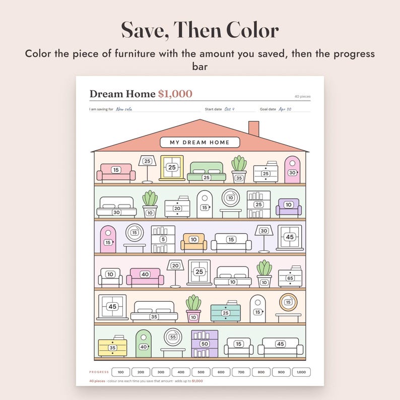 Savings Challenge Printable, Dream Home Color In Tracker, 500 to 10000, Letter A4 image 4