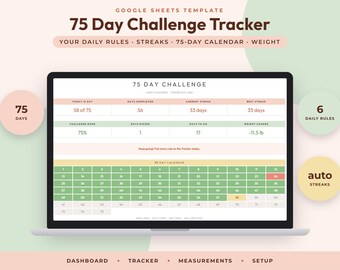 75 Day Challenge Tracker Google Sheets, Daily Wellness Checklist, Streak Calendar, Weight Log