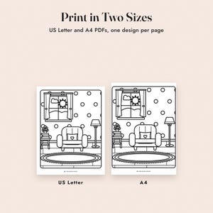 May include: A digital colouring page design featuring a room with a window, sun, clouds, polka dot wallpaper, an armchair with a heart pillow, a side table with books, a floor lamp, and a rug. Text reads: Print in Two Sizes, US Letter and A4 PDFs.