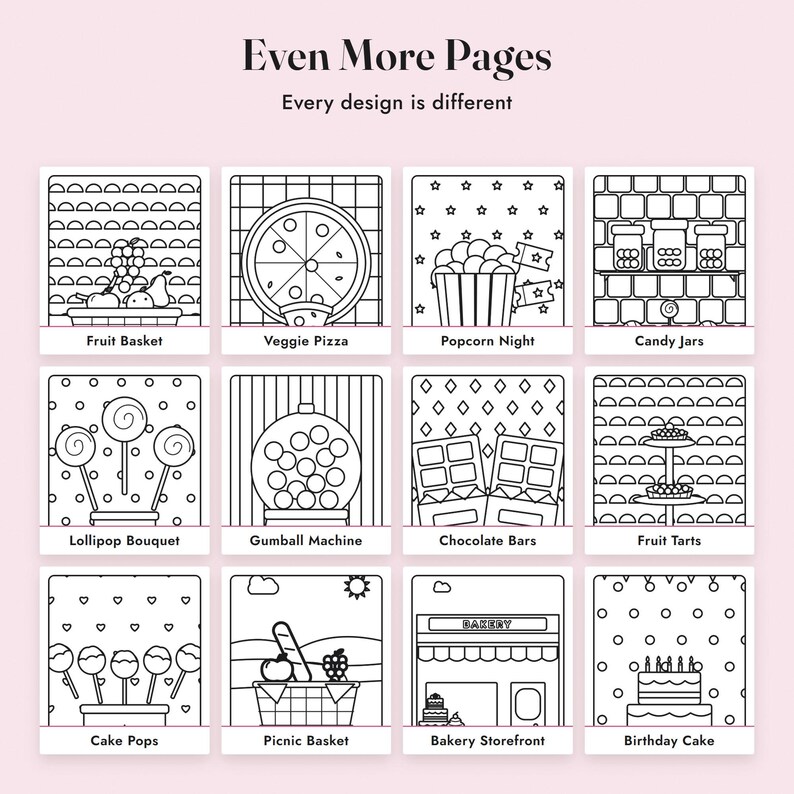 Livro de colorir simples e divertido: Doces Deliciosos, 40 páginas para imprimir, PDF com desenhos simples de comida para colorir imagem 6