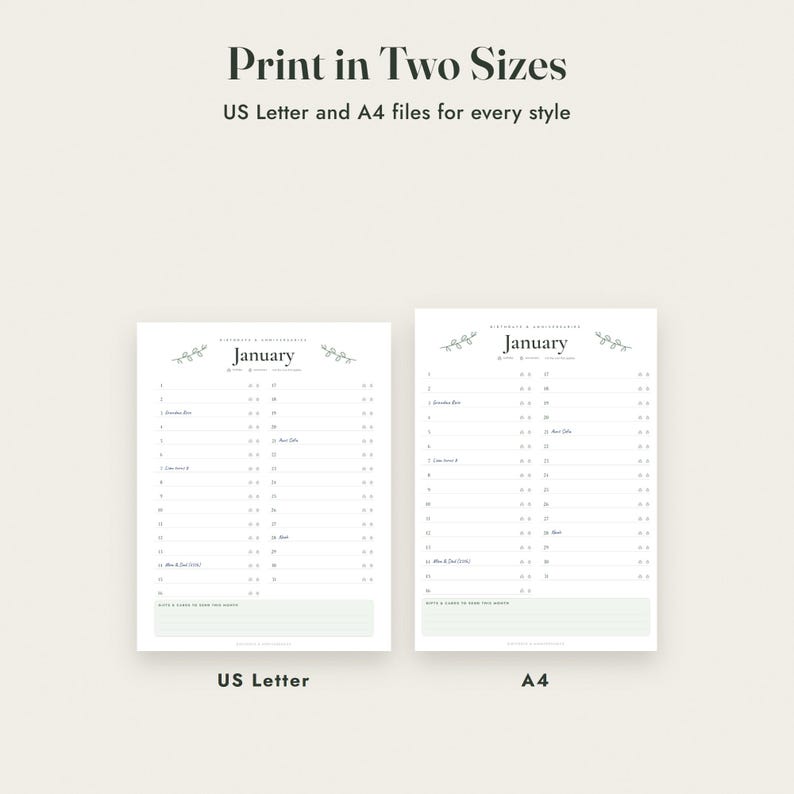 Birthday Calendar Printable, Perpetual Anniversary Calendar, 3 Styles, Monthly and One Page, Letter A4 imagen 9