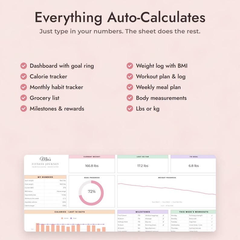 Fitness Planner Google Sheets, Weight Loss Journey Tracker, Calorie and Workout Log, Body Measurements bild 8