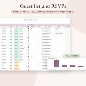 May include: A digital guest list and RSVP spreadsheet template featuring columns for name, side, group, status, meal choice, plus one, table, email, notes, and headcount. A separate bar chart displays meal choices with purple bars on a white background.