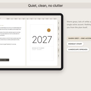 May include: A digital planner displayed on a tablet screen featuring the year 2027 in large black font, an ochre circle, and text instructions. The interface includes monthly tabs, a white background, and labels for warm grey color and landscape layout.
