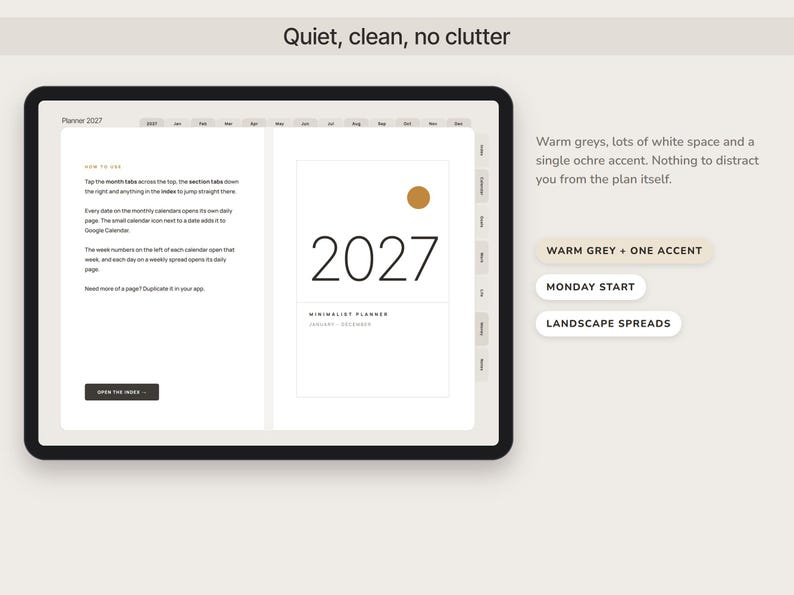 May include: A digital planner displayed on a tablet screen featuring the year 2027 in large black font, an ochre circle, and text instructions. The interface includes monthly tabs, a white background, and labels for warm grey color and landscape layout.