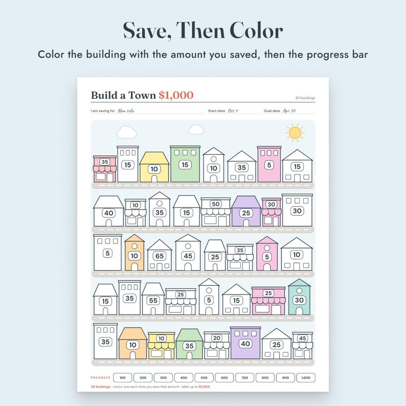 Savings Challenge Printable, Build a Town Color In Tracker, 500 to 10000, Letter A4 image 4
