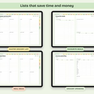 Puede incluir: Cuatro pantallas de tableta digital que muestran plantillas de planificaci&oacute;n de comidas con el texto Lists that save time and money. Las pantallas muestran Master grocery list 1, Favourite meals, Meal ideas y Grocery spending con columnas.