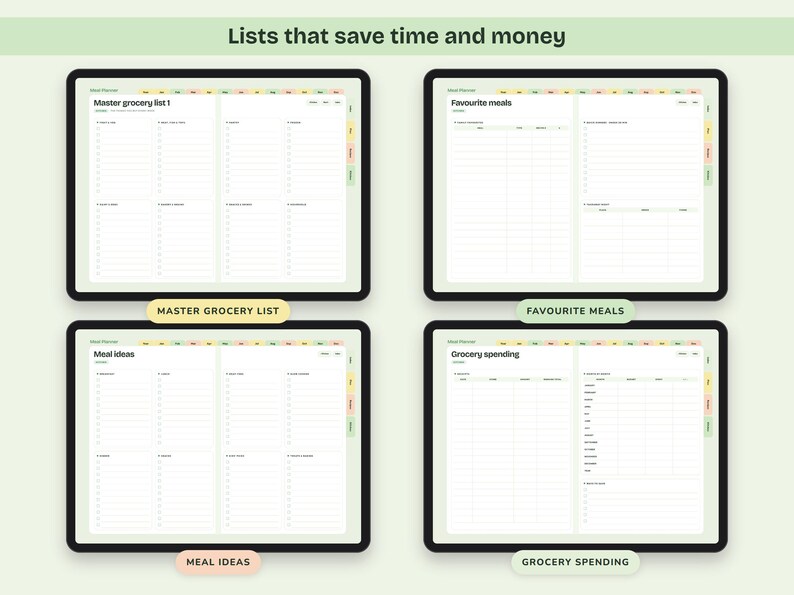 Puede incluir: Cuatro pantallas de tableta digital que muestran plantillas de planificaci&oacute;n de comidas con el texto Lists that save time and money. Las pantallas muestran Master grocery list 1, Favourite meals, Meal ideas y Grocery spending con columnas.