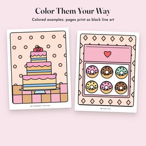 Livro de colorir simples e divertido: Doces Deliciosos, 40 páginas para imprimir, PDF com desenhos simples de comida para colorir imagem 4