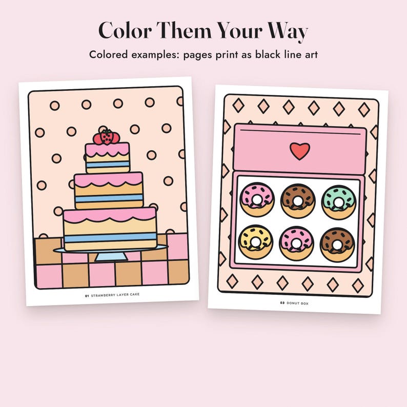 Livro de colorir simples e divertido: Doces Deliciosos, 40 páginas para imprimir, PDF com desenhos simples de comida para colorir imagem 4