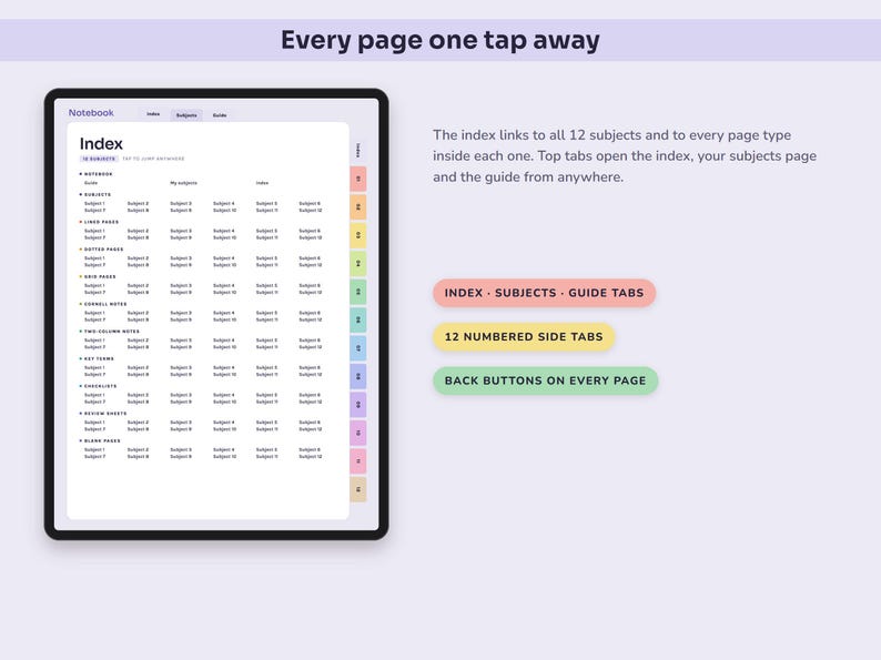 Digital Notebook, 12 Colour Coded Subject Tabs, Hyperlinked Lined, Dotted, Grid and Cornell Pages image 7