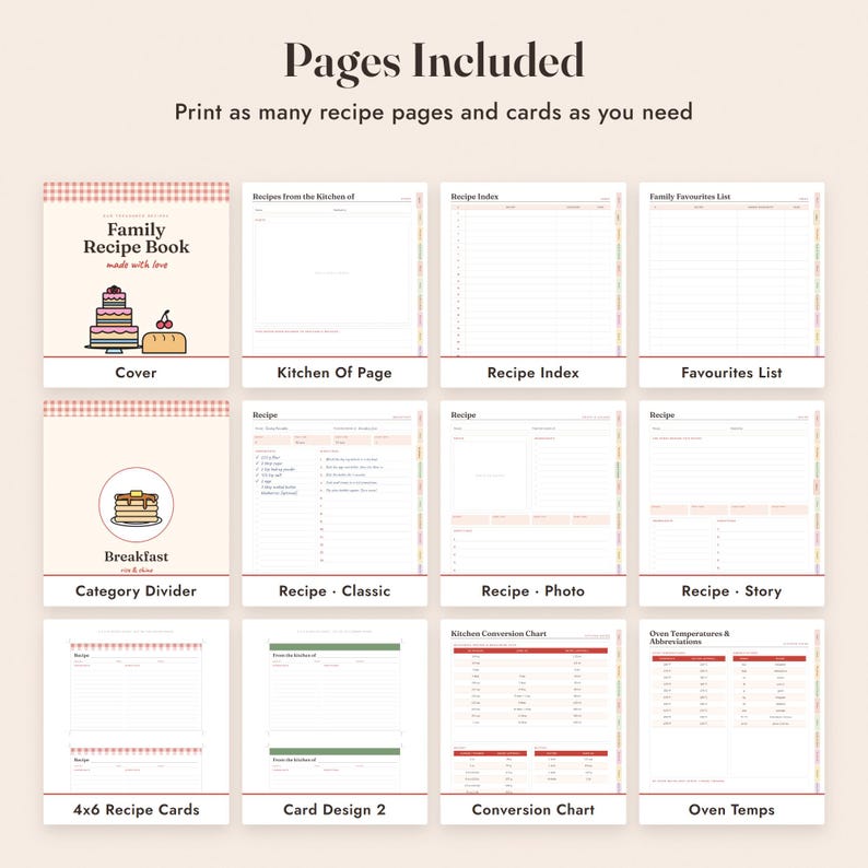 Recipe Book Template Printable, Family Cookbook, 4x6 Recipe Cards, Kitchen Binder Pages image 3
