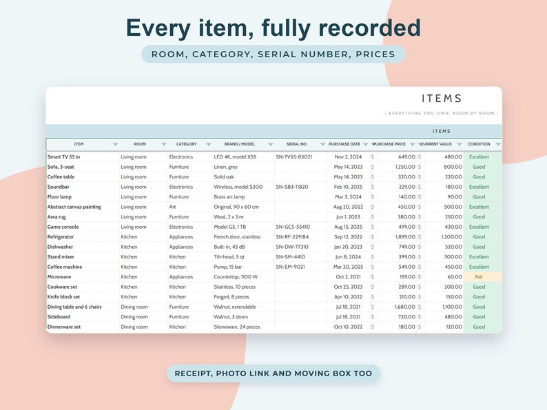 Foglio di calcolo per l'inventario domestico su Google Sheets, registro assicurativo, organizzatore per il trasloco, monitoraggio delle garanzie, elenco degli oggetti domestici immagine 5