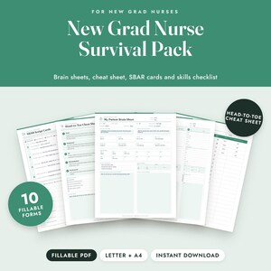 Puede incluir: Un paquete de supervivencia para enfermeros graduados con 10 formularios rellenables, incluyendo tarjetas de guion SBAR, una hoja de trucos de pies a cabeza y hojas de cerebro del paciente. Dise&ntilde;o blanco con acentos y encabezados verdes.