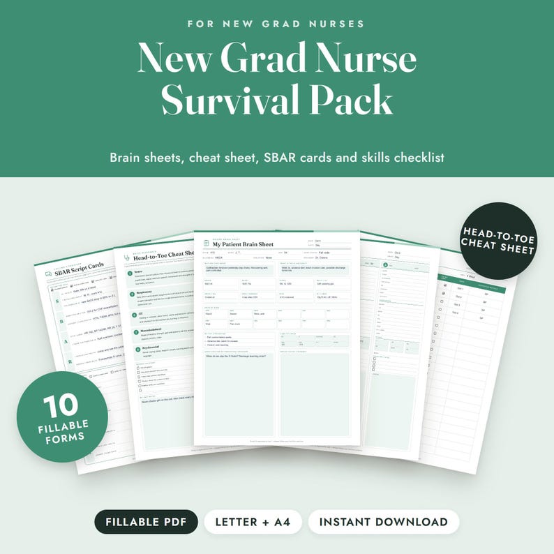 Puede incluir: Un paquete de supervivencia para enfermeros graduados con 10 formularios rellenables, incluyendo tarjetas de guion SBAR, una hoja de trucos de pies a cabeza y hojas de cerebro del paciente. Dise&ntilde;o blanco con acentos y encabezados verdes.
