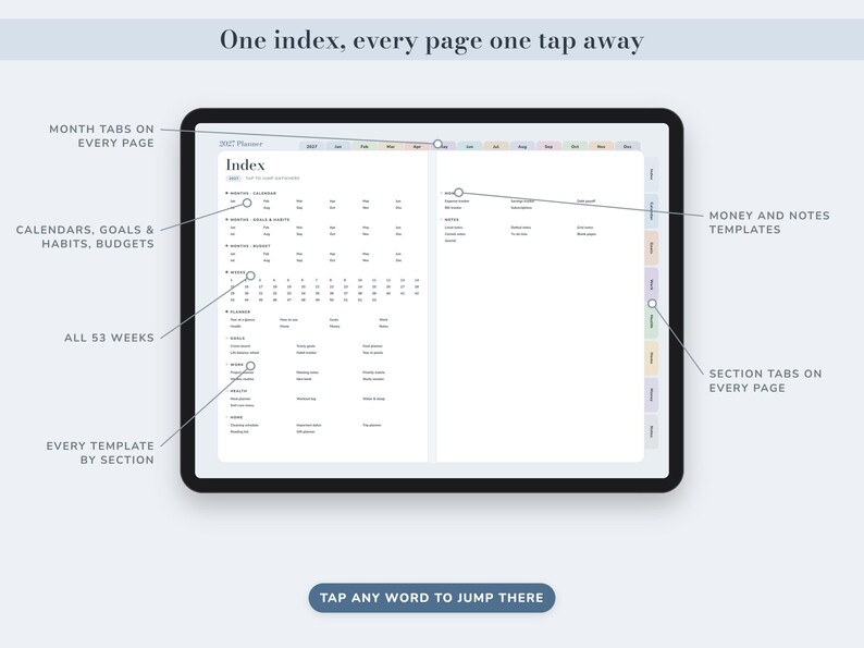 Digital Planner 2027 and Undated, Hyperlinked Daily Weekly Monthly Pages, Dusty Blue Landscape Journal image 3