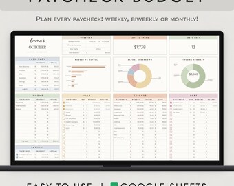 May include: A digital paycheck budget spreadsheet displayed on a laptop screen. The interface features sections for cash flow, income, bills, expenses, debt, and savings with charts and tables. Text includes PAYCHECK BUDGET and GOOGLE SHEETS.