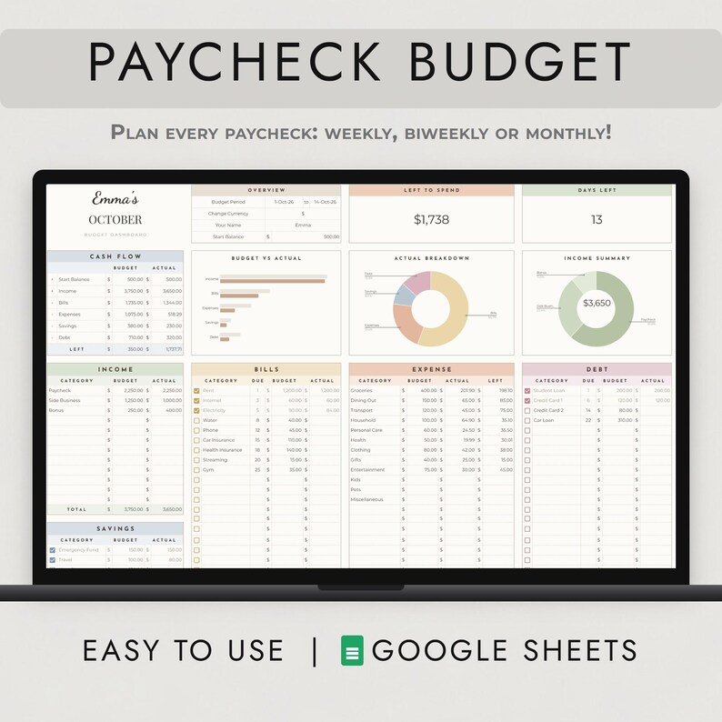 Paycheck Budget Spreadsheet Google Sheets, Neutral Biweekly Planner, Bills Due Before Payday bild 1