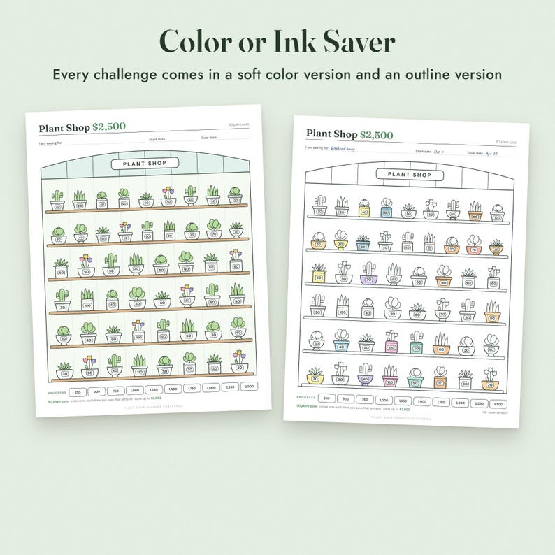 Savings Challenge Printable, Plant Shop Color In Tracker, 500 to 10000, Letter A4 image 5