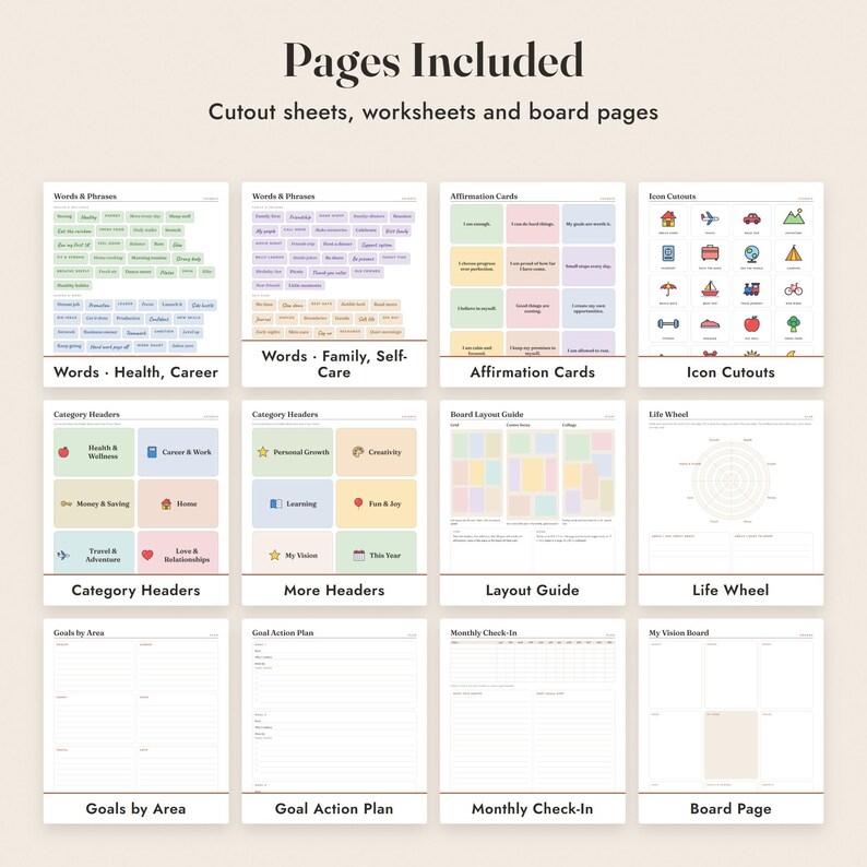 Vision Board Kit Printable, 330 Words and Affirmations, Goal Setting Worksheets image 3