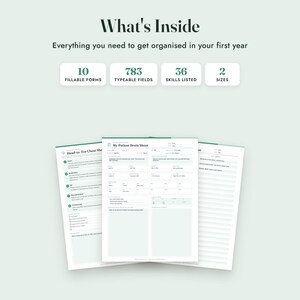 Puede incluir: Una herramienta de organizaci&oacute;n digital con el texto What's Inside, Everything you need to get organised in your first year, 10 fillable forms, 783 typeable fields, 36 skills listed y 2 sizes. Tres p&aacute;ginas blancas muestran Head-to-Toe Cheat Sheet.