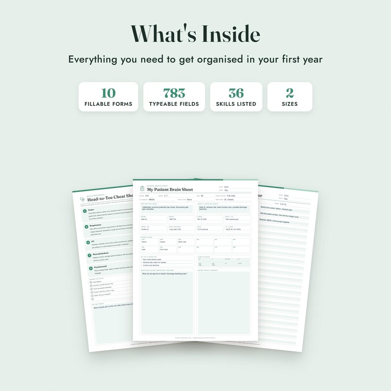 Puede incluir: Una herramienta de organizaci&oacute;n digital con el texto What's Inside, Everything you need to get organised in your first year, 10 fillable forms, 783 typeable fields, 36 skills listed y 2 sizes. Tres p&aacute;ginas blancas muestran Head-to-Toe Cheat Sheet.