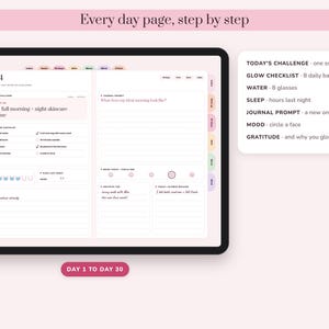 May include: A digital planner interface displayed on a tablet screen, showing a Day 4 page with a daily glow checklist, water intake tracker, journal prompt, and mood tracker. The layout includes tabs for index, goals, 30 days, skin, mind, and vision.