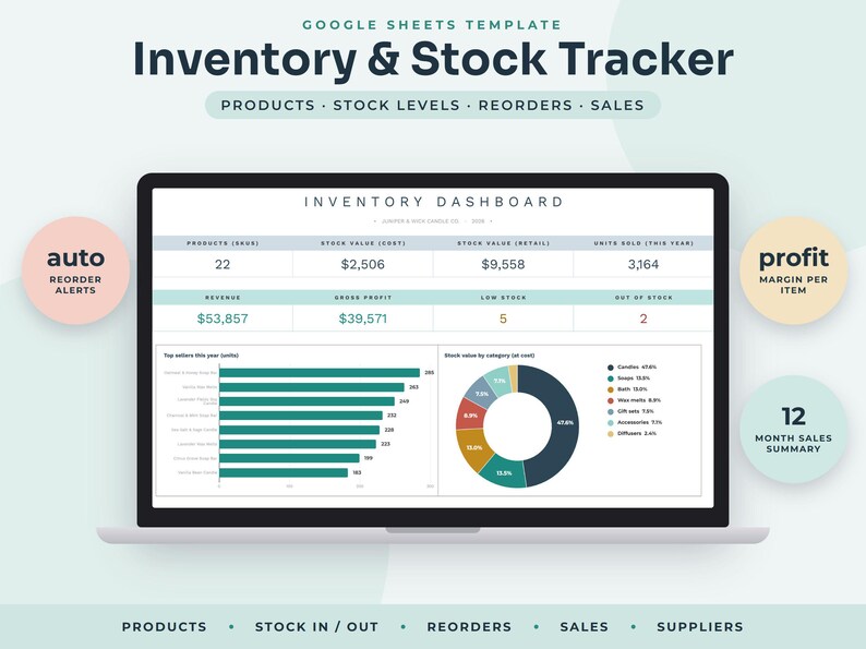 Inventory Tracker Google Sheets, Stock Management Spreadsheet with Reorder Alerts, Small Business Sales Log image 1