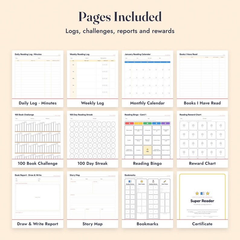 Reading Log for Kids Printable, Book Report Template, Bingo Challenge, 100 Book Tracker image 3