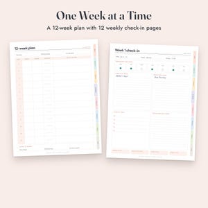 Op de afbeelding: Een 12-weken fitnessplanner met twee witte pagina's met zwarte tekst. De linkerpagina is een tabel voor het 12-wekenplan en de rechterpagina is een check-in formulier voor week 1 met secties voor workouts, gewoontes en notities met gekleurde tabbladen.