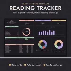 Reading Tracker Google Sheets, Dark Mode Book Tracker, Digital Bookshelf, Reading Log, Reading Challenge, Book Journal Spreadsheet image 1