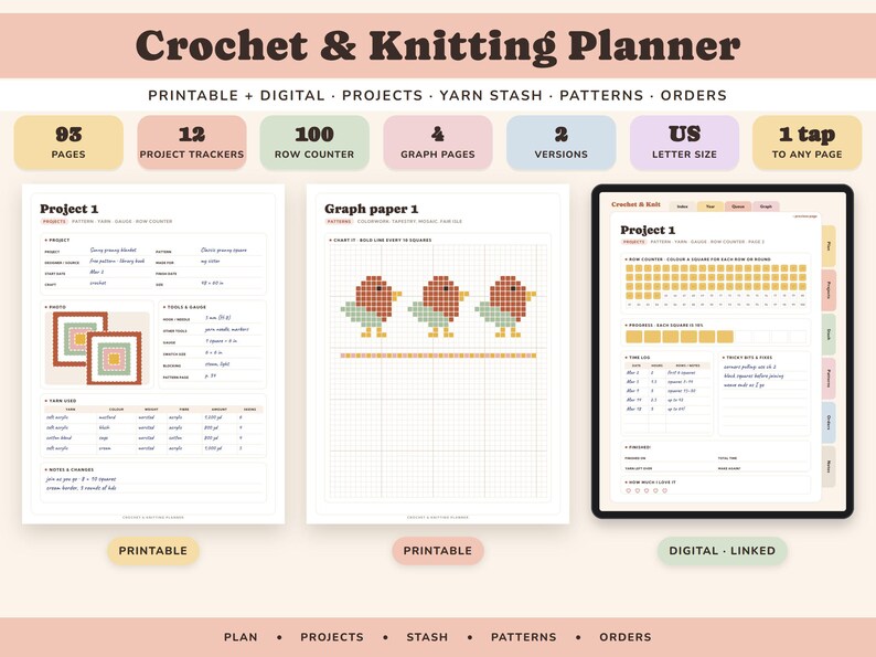 Crochet Planner Printable, Knitting Project Tracker, Yarn Stash Inventory, Row Counter, Pattern Log, Digital image 1