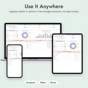 May include: A digital business dashboard displayed on a laptop, tablet, and smartphone. The screen shows the text Use It Anywhere, Laptop, tablet or phone. Free Google account, no app to buy. The dashboard includes charts, tables, and financial data.
