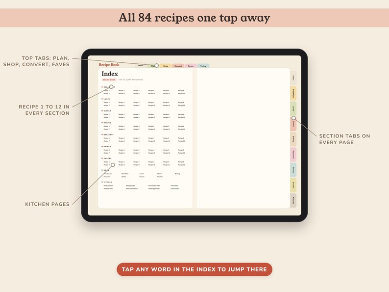 Digital Recipe Book, Hyperlinked Cookbook Template with 84 Cards, Meal Planner and Grocery List image 8