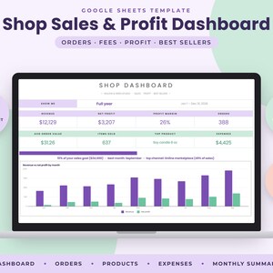 Peut inclure: Un &eacute;cran d'ordinateur portable affichant un mod&egrave;le de tableau de bord Google Sheets pour les ventes et les profits. L'interface pr&eacute;sente des sections cod&eacute;es par couleur violet et vert pour les revenus, le profit net, les marges et les d&eacute;penses.