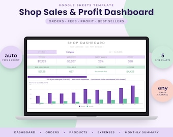 Pode incluir: Uma tela de laptop exibindo um modelo de Google Sheets para um painel de vendas e lucros. A interface apresenta seções codificadas em roxo e verde para receita, lucro líquido, margem, pedidos e despesas, com um gráfico de barras mensal.