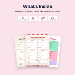 K&ouml;nnte beinhalten: Ein Set von Dopamine Menu Aktivit&auml;tsbl&auml;ttern mit Abschnitten f&uuml;r Starters, Mains, Sides, Desserts und Specials. Der Text enth&auml;lt 5 menu styles, 10 menus, 120 ideas und 20 mini cards. Das Design nutzt ein Restaurant-Men&uuml;-Layout.